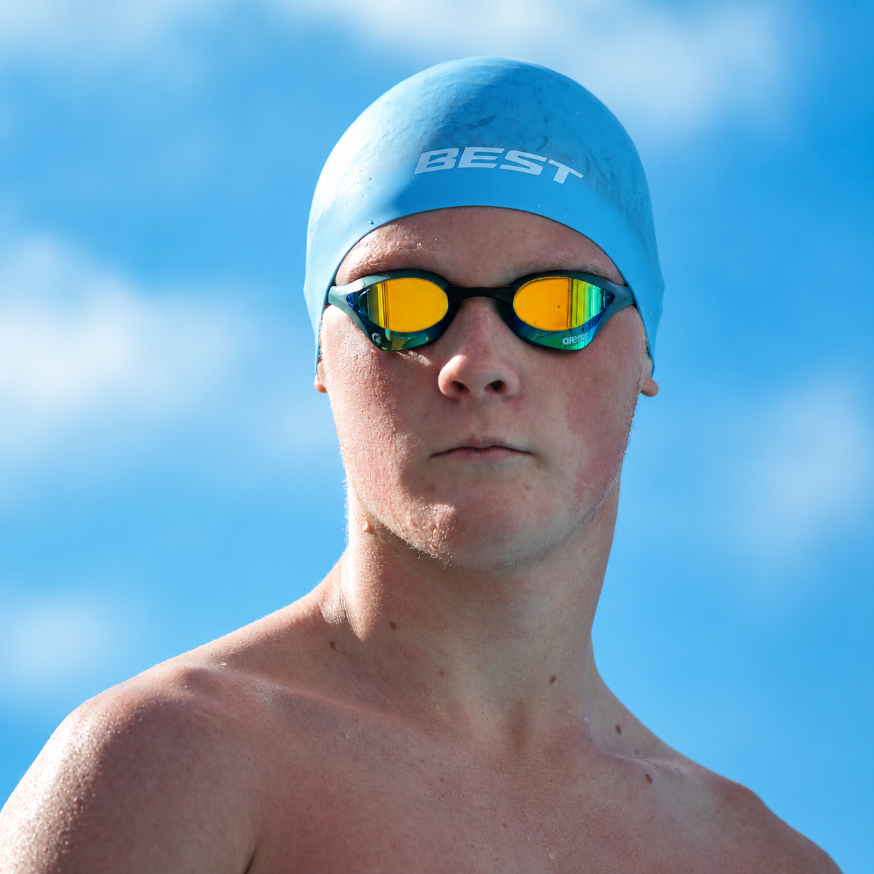 Swimmer wearing the Cloud BEST Pastel Performance Dome Cap